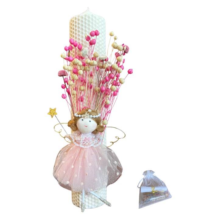 Lumanare de botez "Zane si Flori", decorata cu flori uscate si figurina zana, alb/roz, 30x5,5cm, set cu sticluta mirodenii pentru baita
