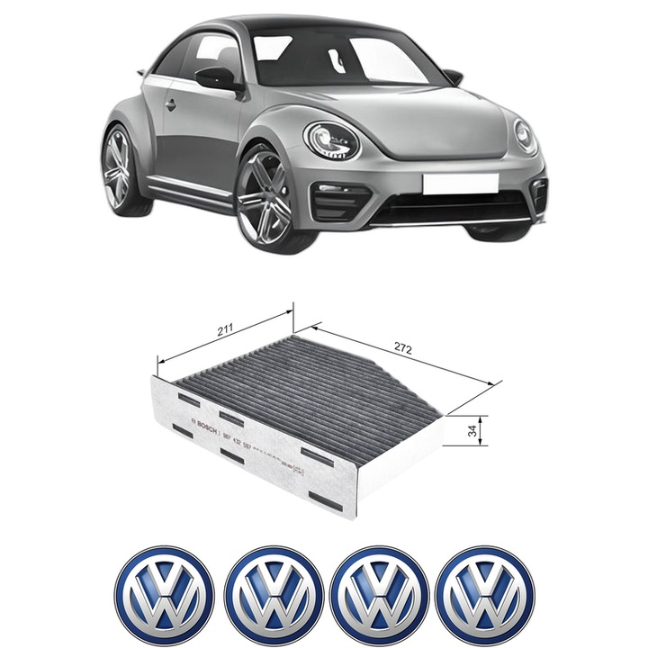 Filtru habitaclu polen Carbon Volkswagen BEETLE (5C1, 5C2) 1.4 TSI din 2011-2016 KW 118 CP 160 CMC 1390, Auto, Bosch, 4x Stickere auto cu Volkswagen