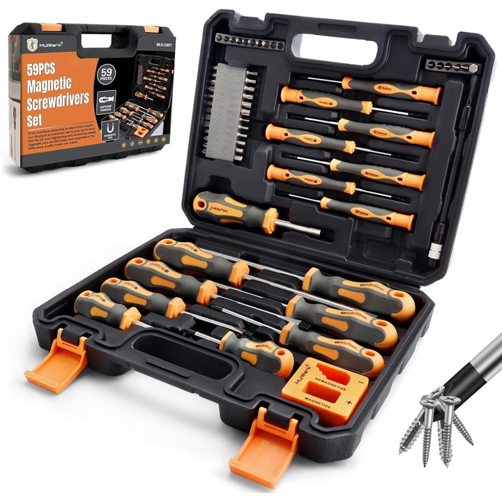 Set de surubelnite magnetice Mulwark, 59 piese, otel crom-vanadiu, carcasa eleganta, multifuncțional
