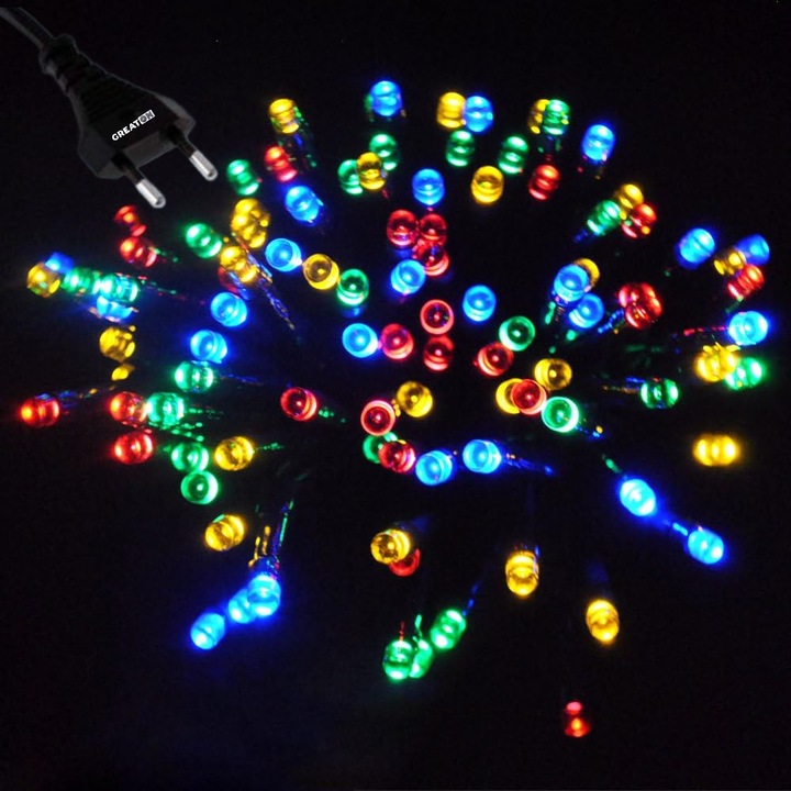 Instalatie GREATON De Craciun Liniara Led, 30 M, 300 LED-uri Mari Sidefate, 8 jocuri De Lumini, Exterior/Interior, Brad, Foisor, Interconectabila, Fir Verde Inchis, Multicolor