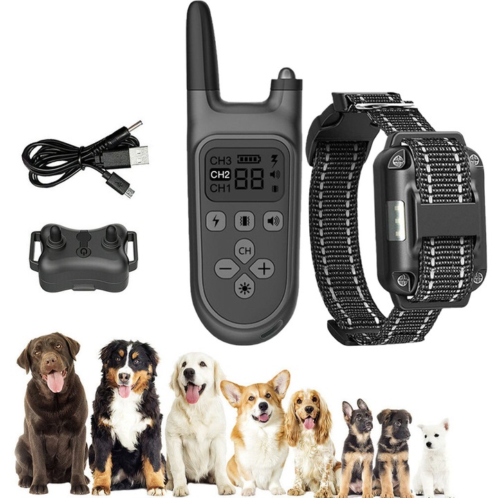 Zgarda Electrica pentru Dresaj, Bedee, Raza Actiune 800m, rezistenta la apa si praf, Reincarcabila, Patru moduri, circumferinta reglabila 15-70 cm, pentru antrenament in aer liber, Negru