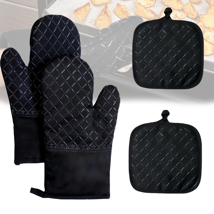 Set 4 manusi cuptor, Bumbac/Silicon, Bedee, impermeabile, Usor de agatat si depozitat, Flexibile si groase, Cu aderenta anti-alunecare, rezistente la caldura, pentru bucatarie, copt, gratar, caserola si gratar,17x30cm, Negru