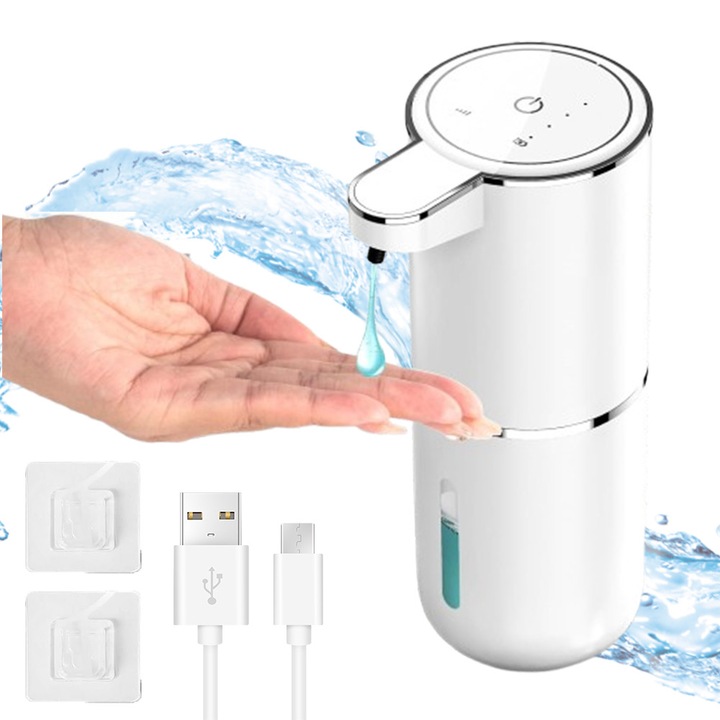 Диспенсър Автомат за Течен Сапун, Bedee, с Технология на Инфрачервени PIR Сензори за Движение, безконтактен дизайн, Залепващ Монтаж на Стена, USB Презареждащ се, Капацитет 380мл, Водоустойчив IPX5, Баня, Кухня, Хотел, Ресторант, Бял