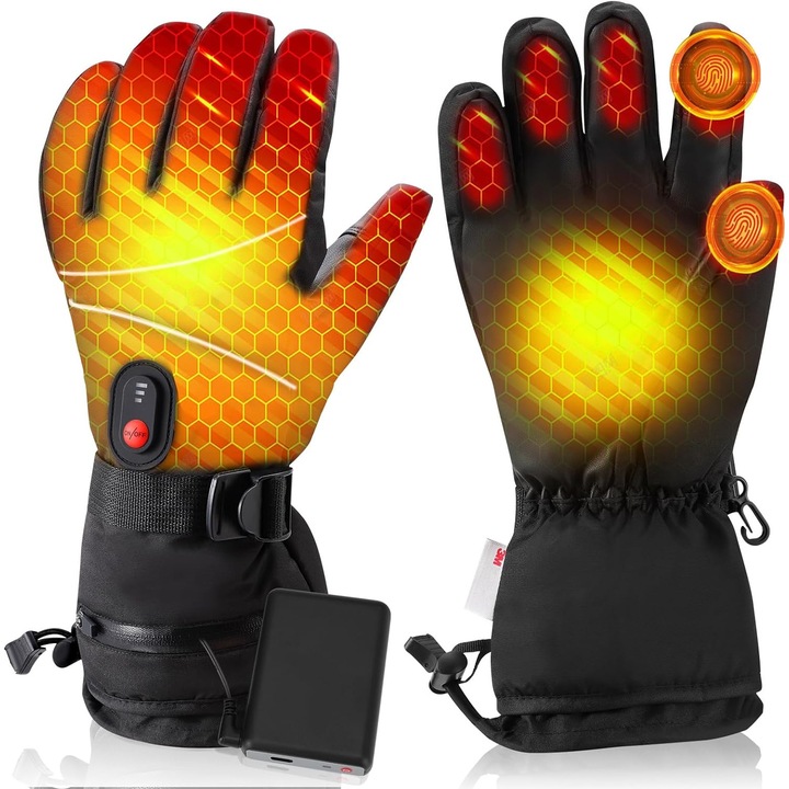 Fűthető kesztyű, 3 hőmérsékleti mód, Kényelmes és csúszásmentes, Érintőképernyő funkció, Állítható hőmérsékletű fűtött kesztyű, USB töltőkábel, fekete, univerzális méret