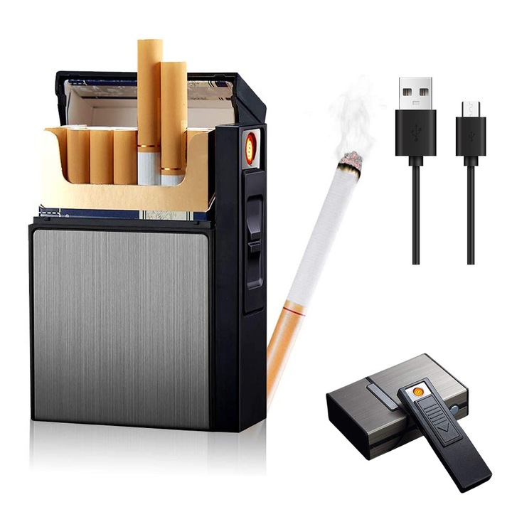 Табакера с електрическа запалка, Bedee, 2 в 1, алуминиева, преносима, с акумулаторна USB електрическа запалка за 20 цигари, влагоустойчива, ветроустойчива и без пламък, за дома, офиса, на открито, балкони, черна