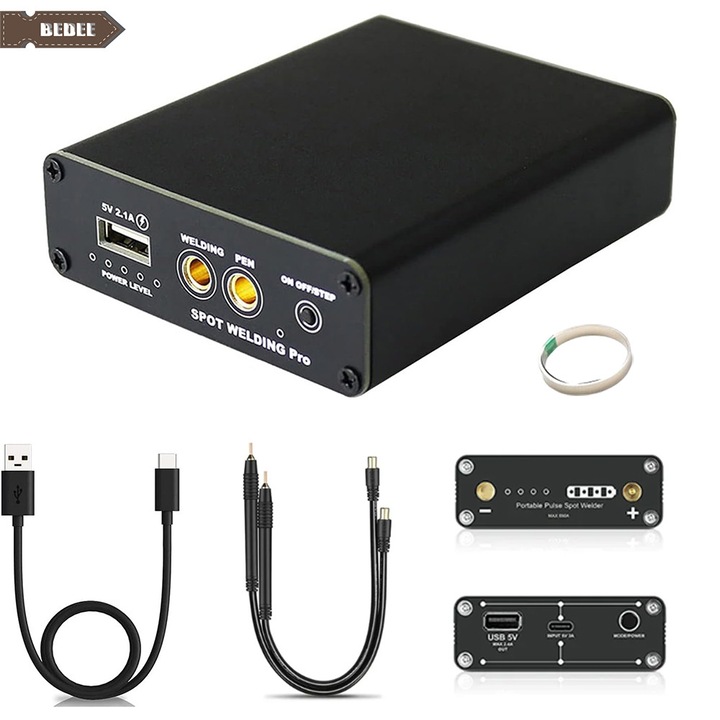 Aparat de Sudura in Punct Portabil pentru baterii, Bedee, Capacitate baterie 5500 mAh, 9 trepte de viteza, Cu Conectori Rapizi si Banda de Nichel, Incarcare USB, Buna lucrare si performanta buna, pentru sudarea placilor de baterie, Negru