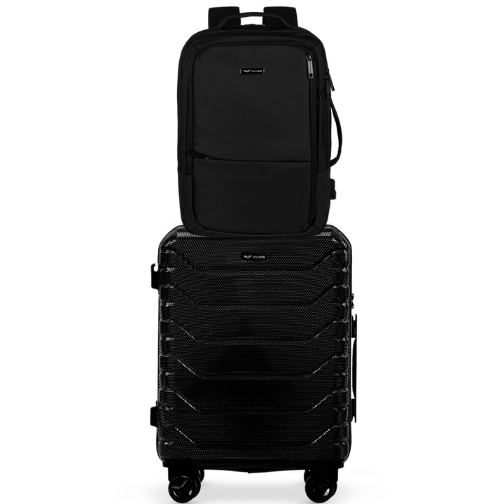 WINGS poggyászkészlet – Vízálló kézipoggyász hátizsák + Polikarbonát kabinbőrönd, TSA zár, 4 forgó kerék, ideális rövid repülőutakhoz