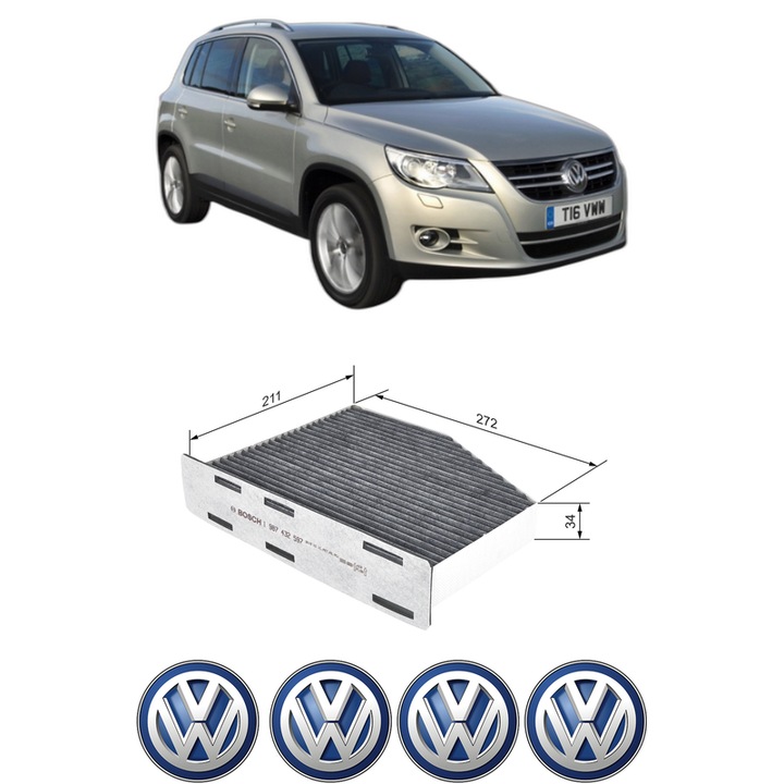 Filtru habitaclu polen Carbon Volkswagen TIGUAN VAN (5N_) 2.0 TSI 4motion (5N1) din 2009-2011 KW 125 CP 170 CMC 1984, Auto, Bosch, 4x Stickere auto cu Volkswagen