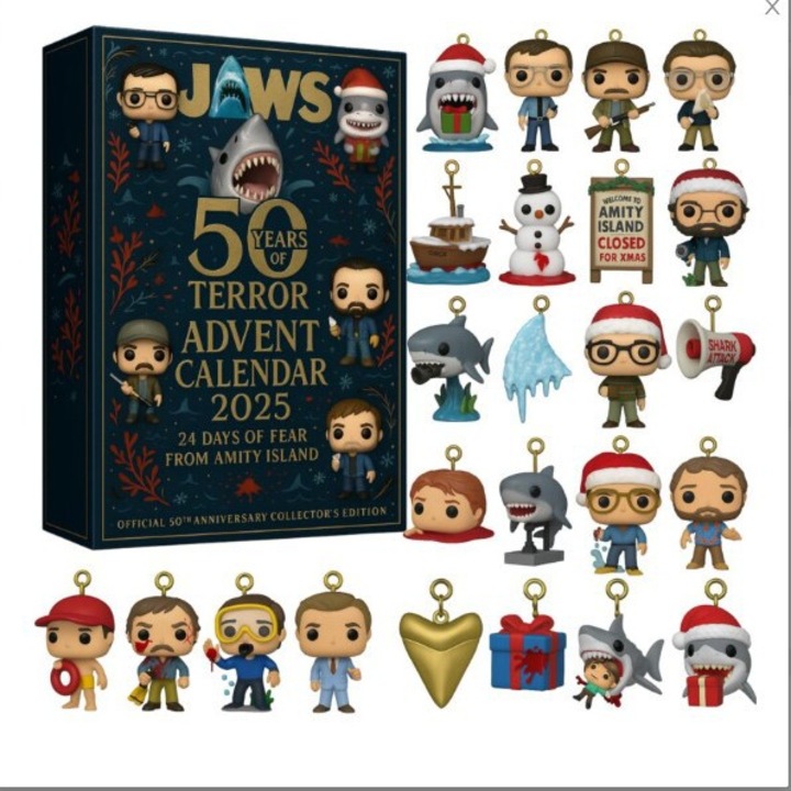 Karácsonyi adventi naptár dekorációs doboz, akril kulcstartó, nagy fehér cápa téma, 24 darabos készlet