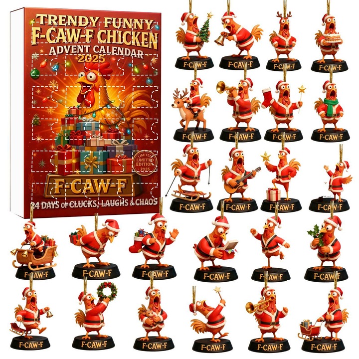 Adventi naptár díszdoboz, akril kulcstartó, csirke téma, 24 db-os készlet