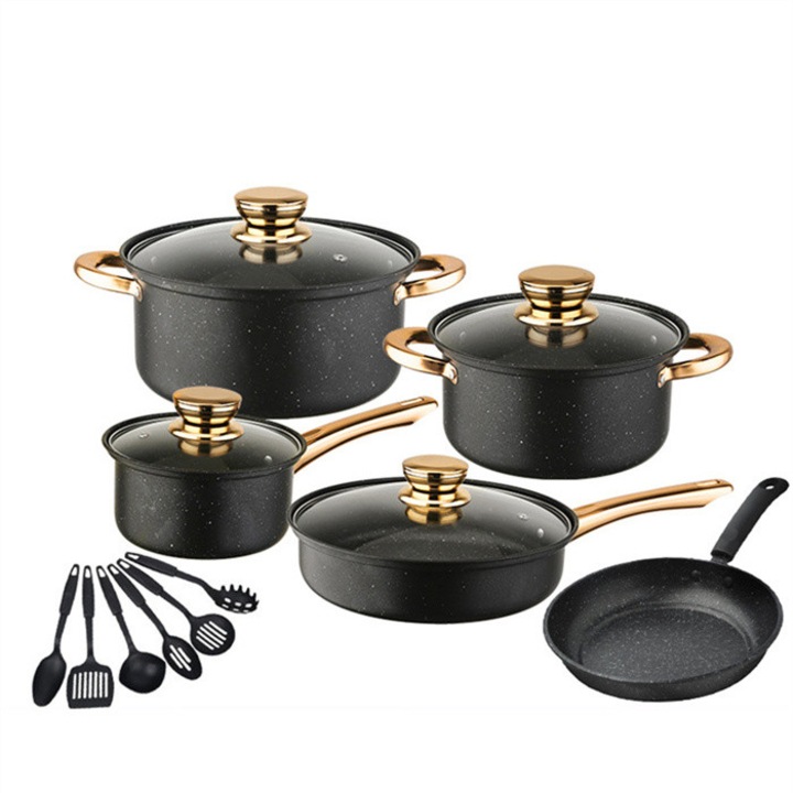 Set oale și tigăi 15 piese inox 410, cu 6 ustensile bucătărie, negru și auriu, diverse dimensiuni