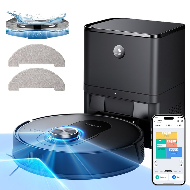 Aspirator robot Proscenic Q8 Max+ cu mop, Robot de aspirare, 8000Pa, Alexa, Google Home, Siri sau IFTTT, navigare LiDAR la 360°, aspirator robot, 3 litri, 8 saptamani fara curatarea sacului de praf