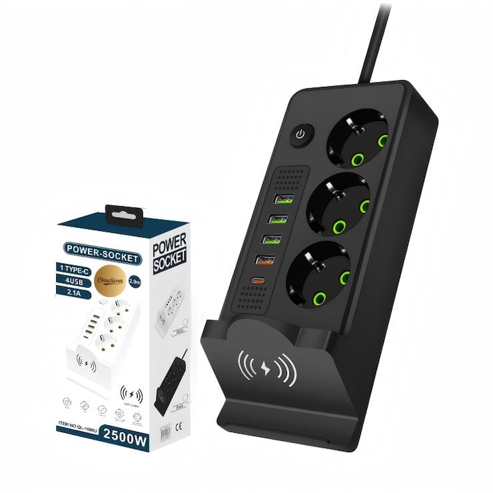 Разклонител с USB, Omelivon®, разклонител 8 в 1 с превключвател, включително 3 захранващи контакта, 4 USB, 1 Type-C, с безжично зареждане, адаптер за контакт, разпределителен контакт, черен
