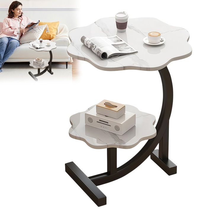 Masuta de Cafea, Morovan, Masuta Laterala cu 2 nivele de blaturi, design moderna, Compact si flexibil, ideal pentru camere de zi, dormitoare, birouri si noptiera, 40 x 30 x 62 cm, lemn si otel, Alb/negru