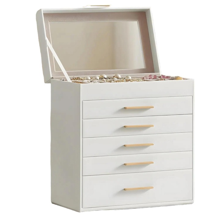 Cutie Bijuterii Elindor Organizator 6 Nivele, Piele Ecologică Albă, 16.3x25x29cm