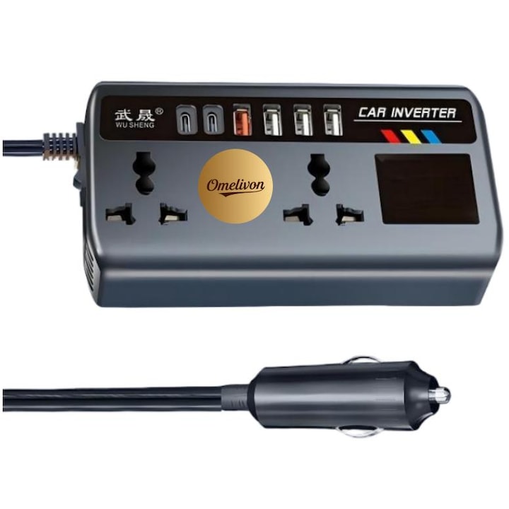 Инвертор за напрежение за кола, Omelivon®, DC/AC, 12V/24V към 220V, 2x адаптер за щепсел, EU/UK/USA/AU, включително 2 захранващи щепсела, 4 USB, 2 Type C, черен