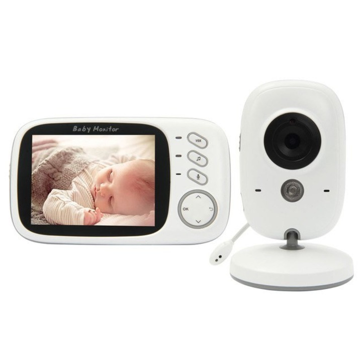 Videó- és hangfigyelő rendszer a baba biztonságához, Baby Safety 63, vezeték nélküli, Éjjellátó, Beszélgetési lehetőség a gyermekkel, Hőmérséklet-érzékelő, Nagyon nagy 3,2 hüvelykes képernyő, Visszajelzés, Swing dalok + Ajándék babacumi