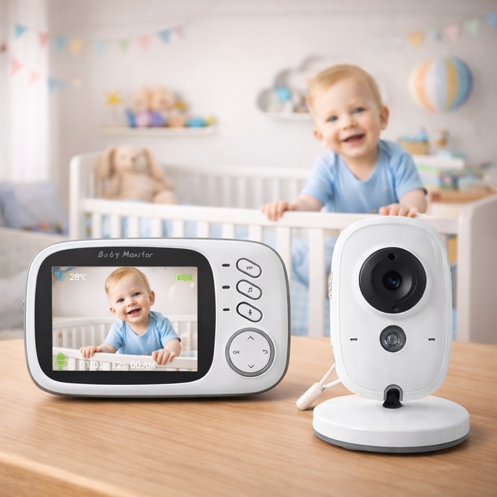Sistem Monitorizare Video si Audio Baby Safety IDL, Wireless, Night Vision, Posibilitatea de a vorbi cu copilul, Senzor Temperatura, Ecran foarte mare 3.2 inch, Talk back, Cantece de leagan