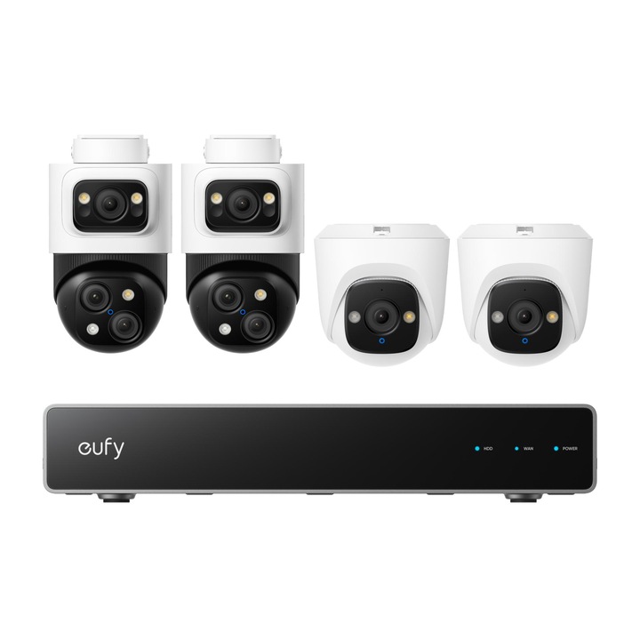 Комплект за видеонаблюдение eufy NVR S4, AI, Dual View, Цветно нощно виждане, с 2 PoE Bullet камери и 2 PoE Turret камери