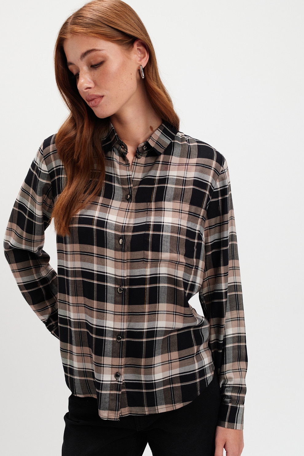 Top Secret, Camasa in carouri cu maneci lungi, Negru, Bej, 40