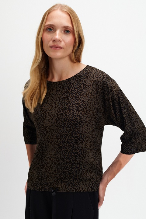 Top Secret, Bluza cu animal print si maneci 3/4, Negru/Maro