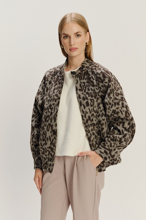 GreenPoint, Jacheta lejera din amestec de lana cu animal print, Maro/Gri inchis