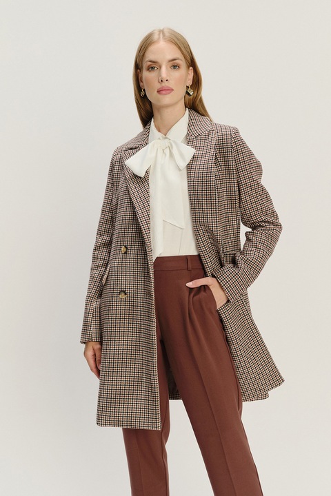 GreenPoint, Palton din amestec de lana, cu model in carouri si revere decupate, Negru/Maro