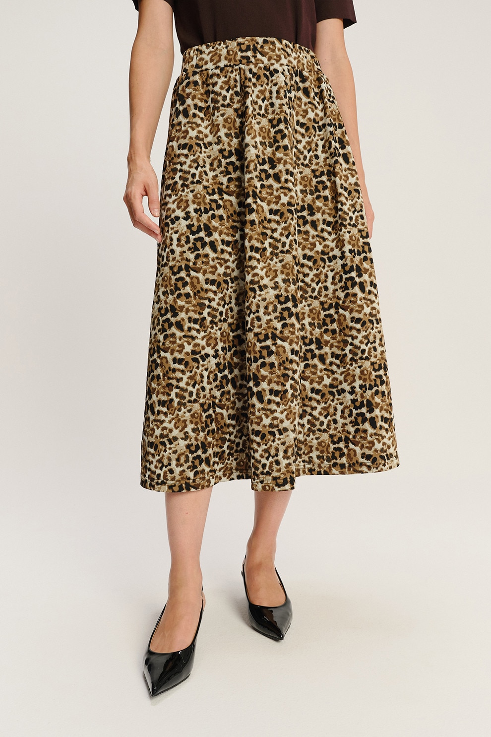 GreenPoint, Fusta midi cu animal print, Negru, Maro, 42