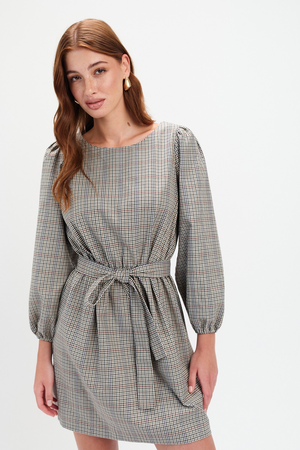 Top Secret, Rochie cu model si maneci bufante, Gri, Bleumarin, 42