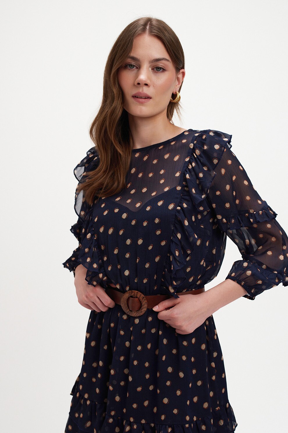 Top Secret, Rochie cu imprimeu si maneci lungi, Roz somon, Bleumarin, 34
