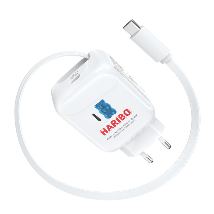 30W-os telefontöltő visszahúzható kábellel, Haribo, kettős USB-C, GaN technológia, kék, kompatibilis iPhone 17/16/15, Galaxy S25/S24, iPad