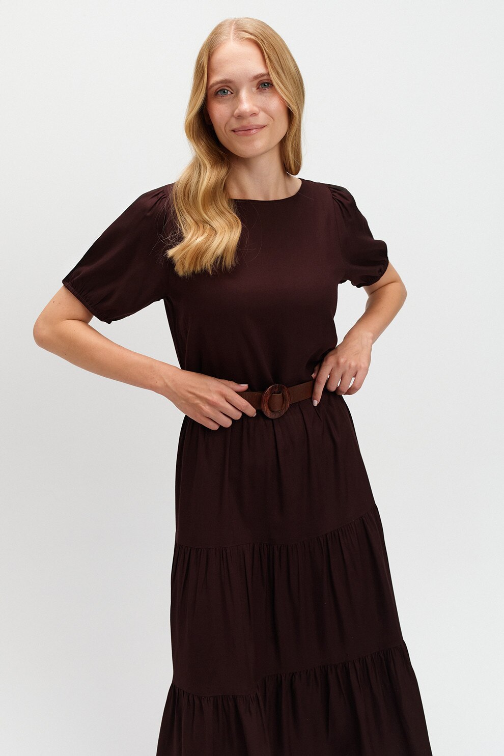 Top Secret, Rochie evazata cu maneci scurte, Maro cognac, 42