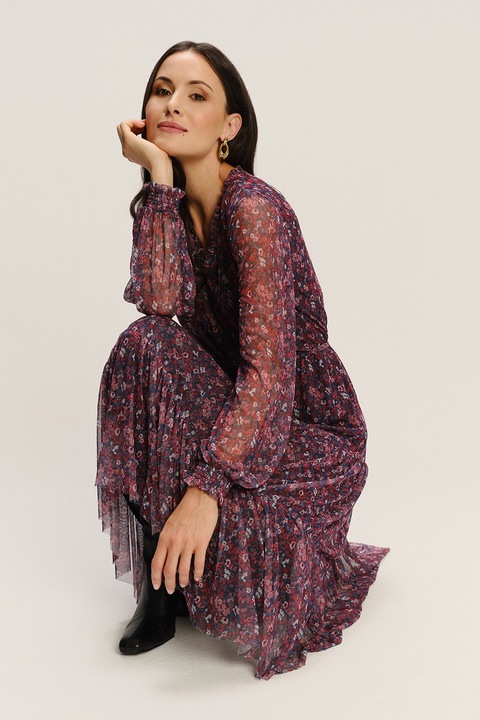 GreenPoint, Rochie midi cu decolteu in V si model floral, Rosu inchis/Bleumarin, XL