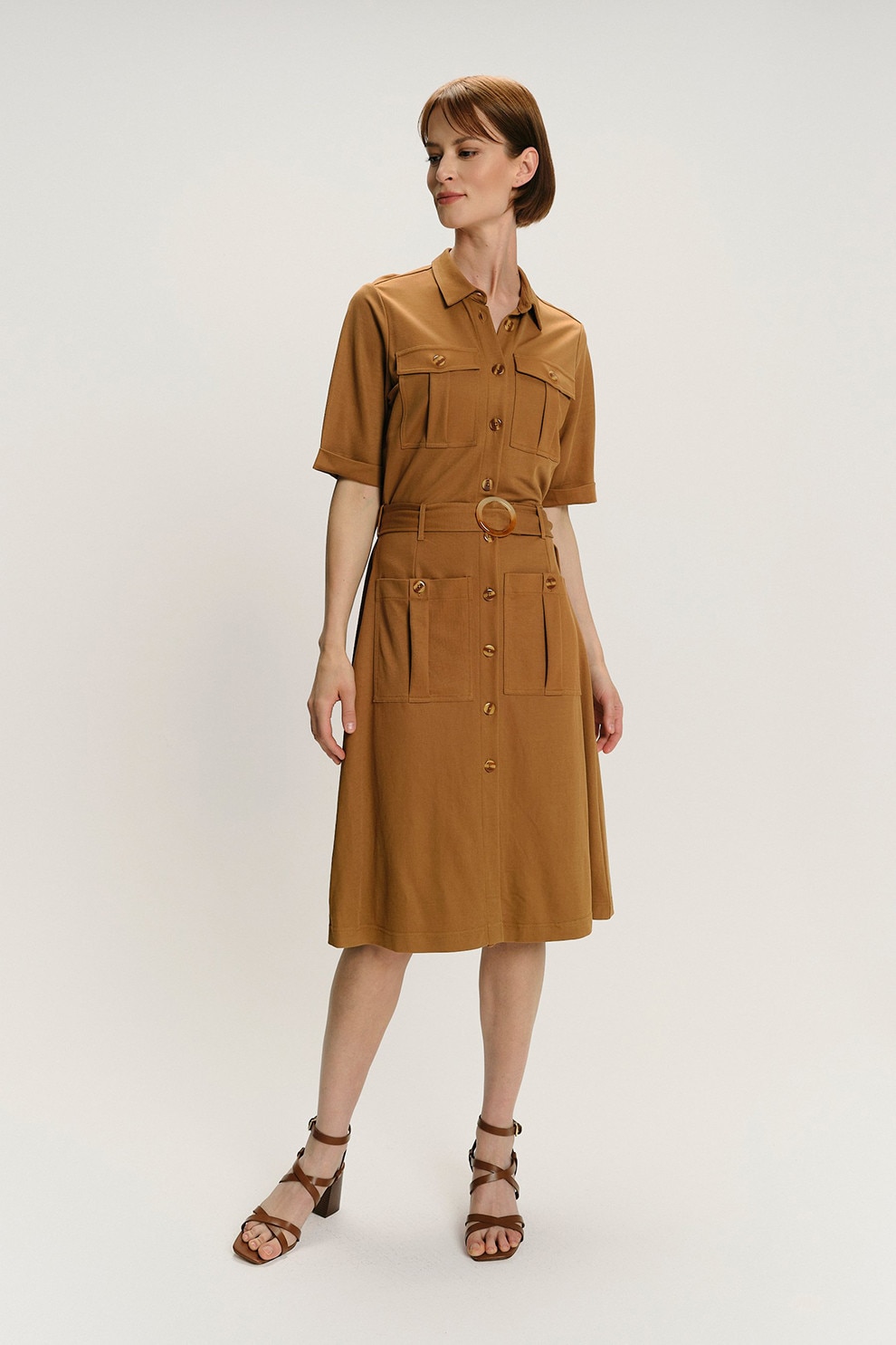 GreenPoint, Rochie-camasa midi uni, Caramel, S