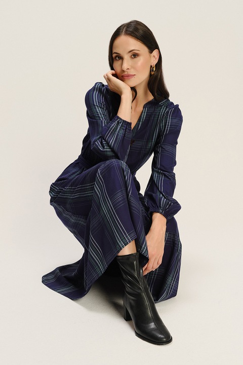 GreenPoint, Rochie lunga cu decolteu in V, Alb/Albastru ultramarin