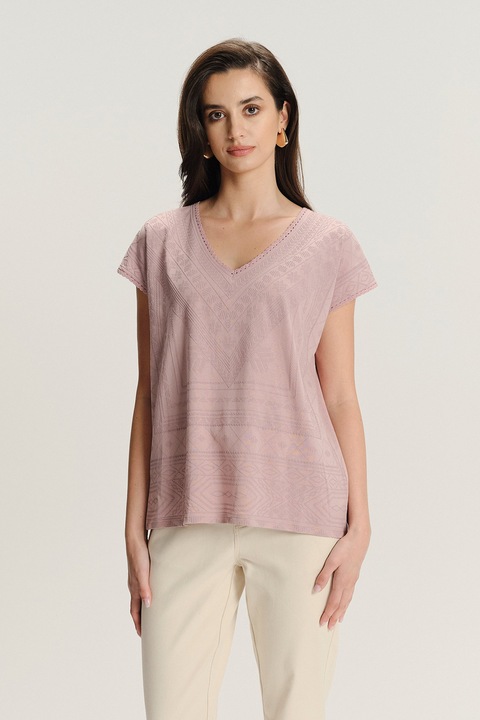 GreenPoint, Tricou texturat de bumbac cu decolteu in V, Roz prafuit, S