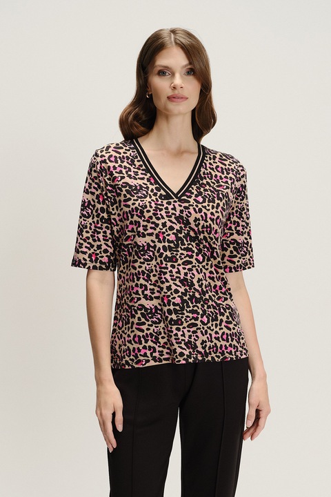 GreenPoint, Bluza cu decolteu in V si imprimeu grafic, Negru/Bej