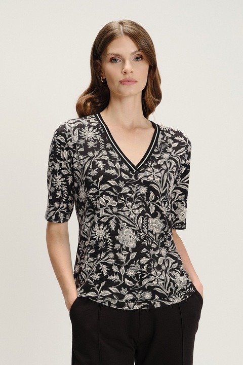 GreenPoint, Bluza cu decolteu in V si imprimeu grafic, Negru/Alb murdar