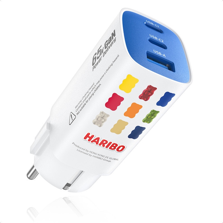 Incarcator Haribo, 3 porturi, incarcare rapida de 65 W, 1 port USB, 2 porturi de tip C, compatibil cu telefoane mobile, ceasuri inteligente, iPhone, Huawei, Samsung, prevazut cu o priza cu impamantare de siguranta