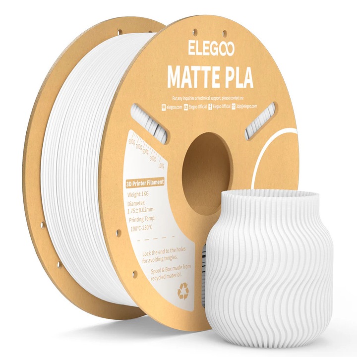 Филамент, Elegoo PLA Matte, 1кг, Бял, за 3D принтер
