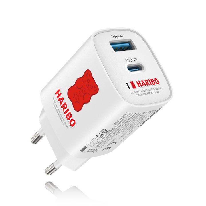 Incarcator telefon Haribo 45W USB-C, 2 porturi, tehnologie GaN, rosu, dimensiuni 3.9x3.4x4.4cm, compatibil cu Samsung Galaxy S25 Ultra/S24/S23/S22/S21/S20/Note20, iPhone 17/16/15, iPad, Pixel