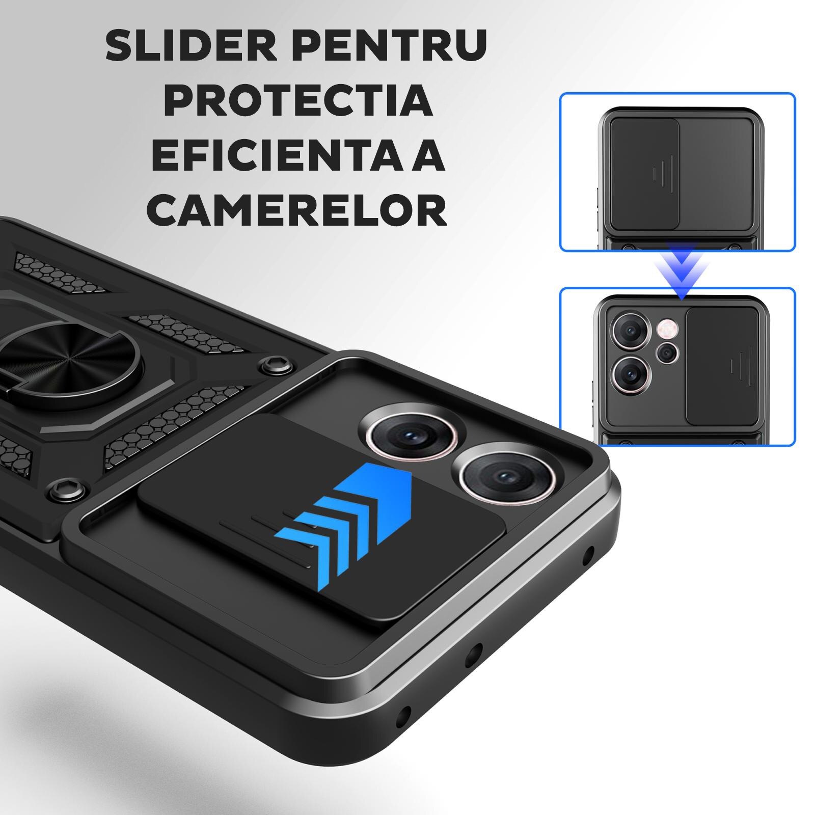 Husa pentru Oppo Reno 14 F / Reno 14 FS 5G cu inel rotativ 360 Daden, Camshield series, Hybrid Antisoc, Slider pentru protectia camerei, Albastru