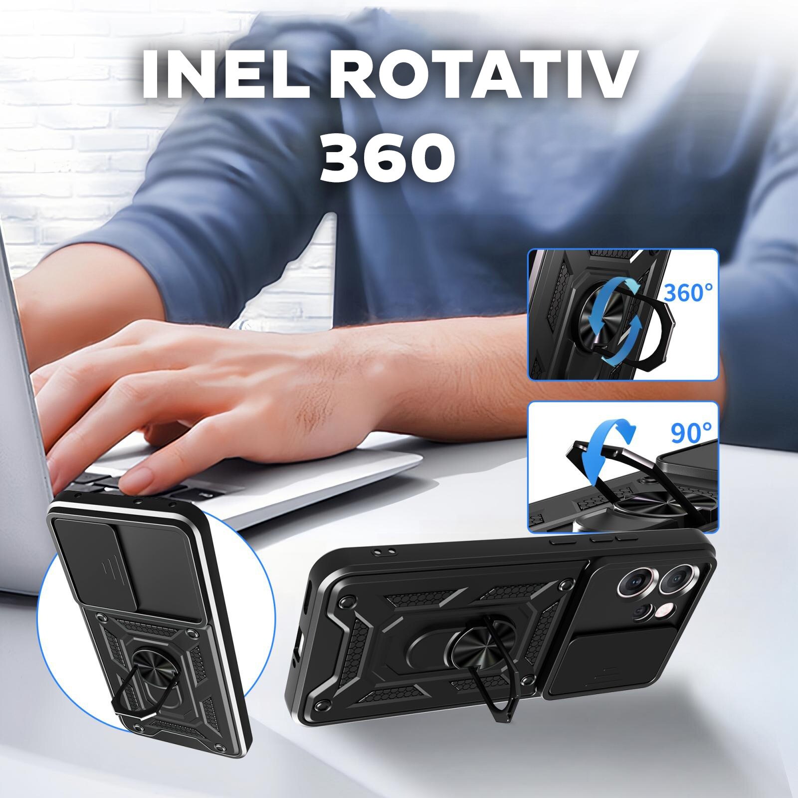 Husa pentru Oppo Reno 14 F / Reno 14 FS 5G cu inel rotativ 360 Daden, Camshield series, Hybrid Antisoc, Slider pentru protectia camerei, Albastru