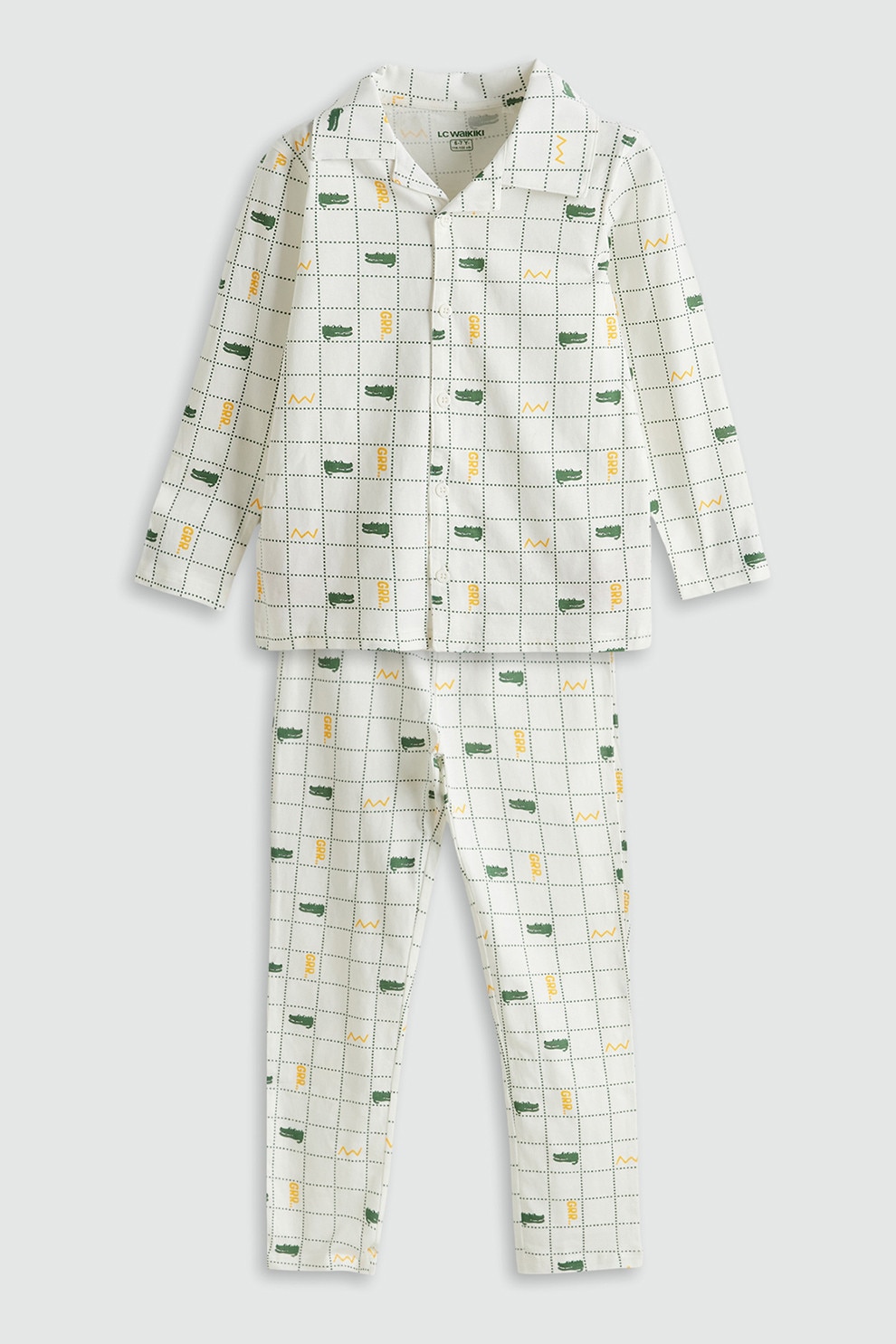 LC WAIKIKI, Pijama de bumbac cu imprimeu si nasturi, Verde marin, Alb murdar, 92-98 CM