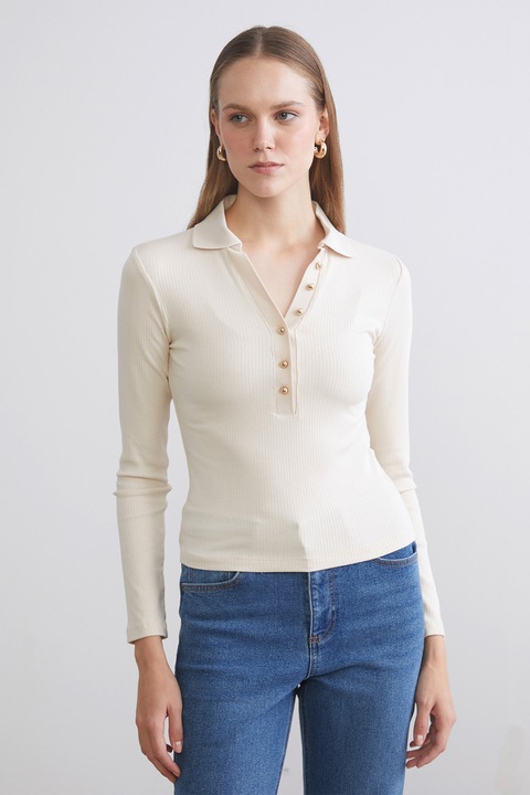 LC WAIKIKI, Bluza din amestec de modal cu fenta cu nasturi, Alb fildes