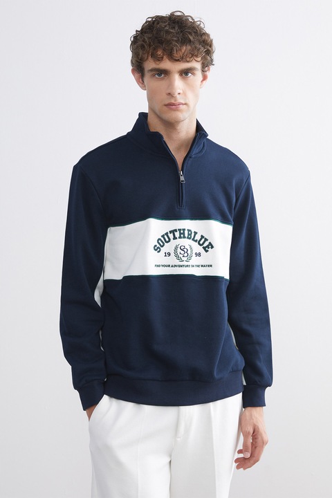 LC WAIKIKI, Bluza de trening regular fit de trening cu model text, Alb/Albastru inchis