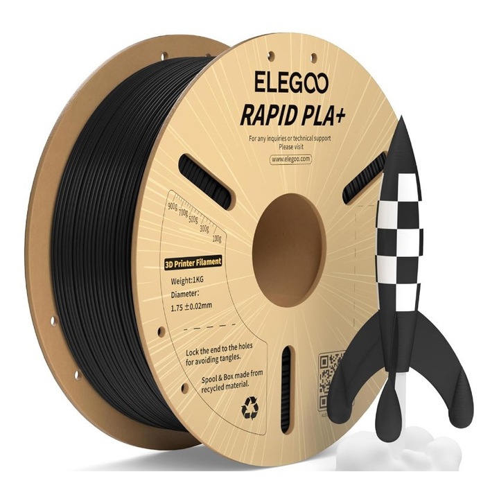 Filament, Elegoo Rapid PLA+, 1kg, Negru, pentru imprimanta 3D
