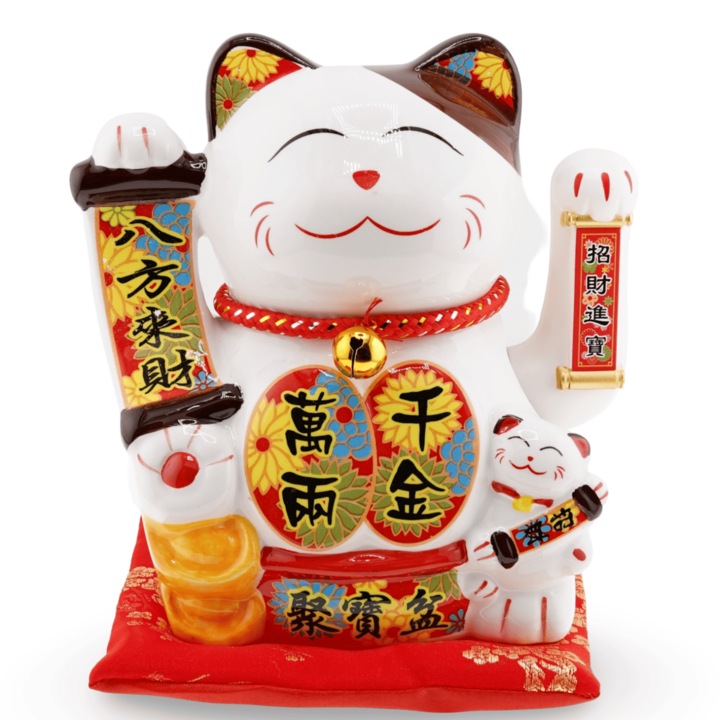 Pisica norocoasa din ceramica stand pe perna rosie - inaltime 19 cm - Maneki Neko, culoare alba, Decoratiune Feng Shui cu pepita aurie si pui, talisman pentru prosperitate, si noroc