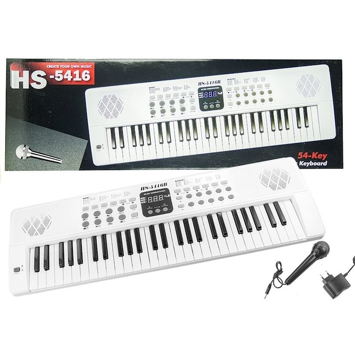 Keyboard Organy HS5416, 54 billentyűs, fehér, mikrofonnal és töltővel, 70x22cm
