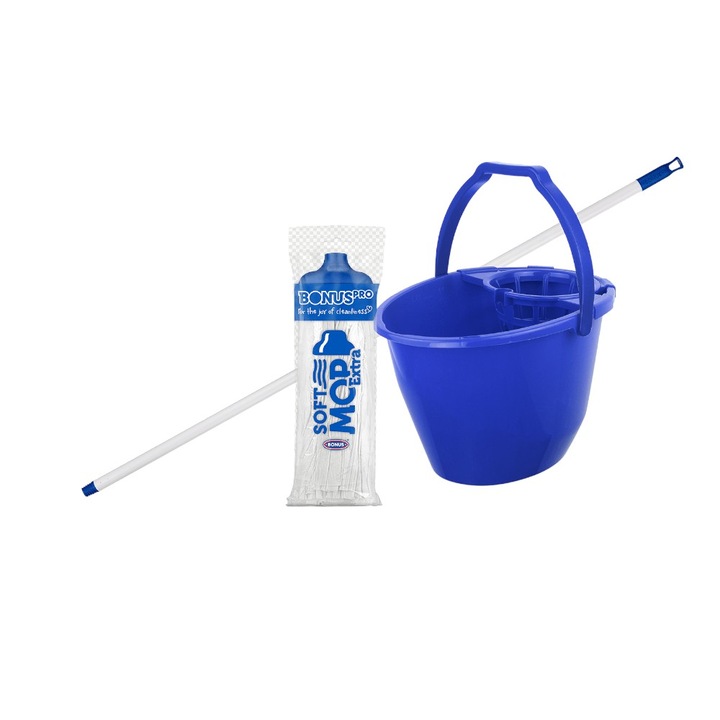 Set galeata gradata din plastic cu stocator si mop, 11 litri, albastra, B330